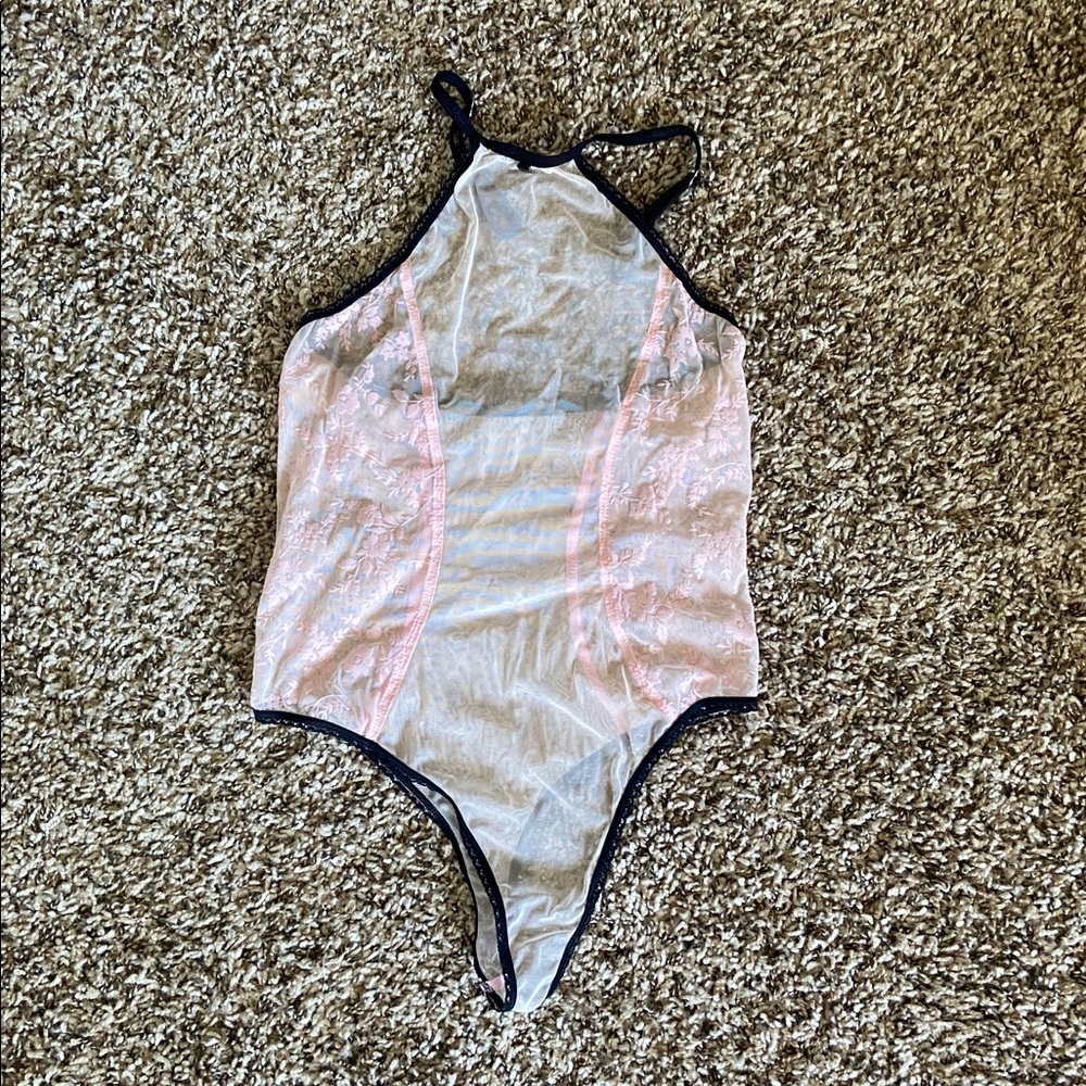 Sheer Lace-Panel Halter Bodysuit in Light Pink
